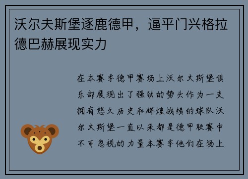 沃尔夫斯堡逐鹿德甲，逼平门兴格拉德巴赫展现实力